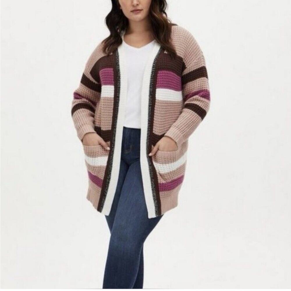Torrid pink brown white stripe waffle knit long open front cardigan size 2 or 2X